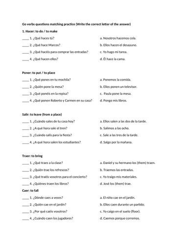Go verbs questions matching practice