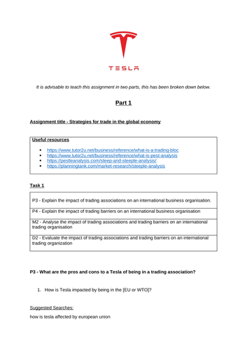 Unit 5: International Business: Assignment Templates (Tesla) - BTEC L3 Business