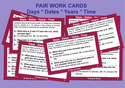 Pair work cards for teaching clock and calendar skills to kids and ESL students