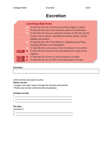 Excretion - LC Biology Notes with Fillable student notes including questions