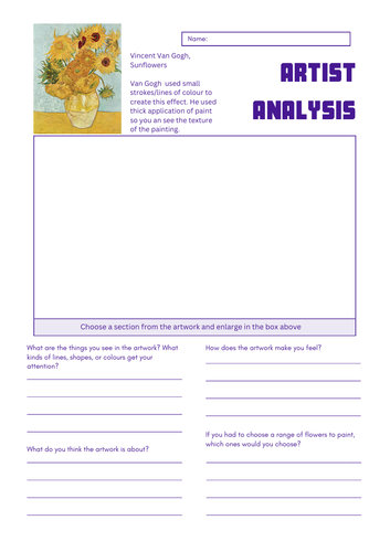 Artist analysis worksheets for Key stage 3