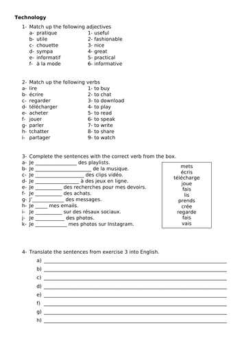 Year 9 - Technology Worksheet 1 - French
