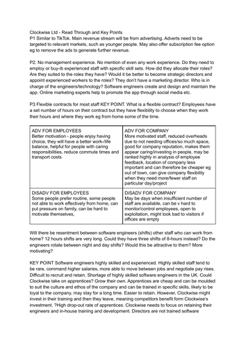 Clockwise Unit 6 BTEC L3 Business Principles of Management Case Study Notes Jan 2021