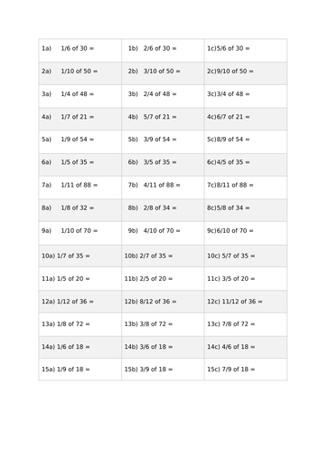 Fractions of numbers worksheet