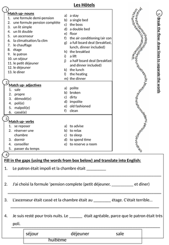 GCSE French Tourism- Conti Worksheet on Hotels