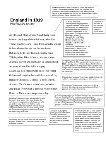 'England in 1819' Shelley Analysis Teaching Resources