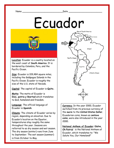 Ecuador Fact Sheet and Cloze Activity Printable Worksheet