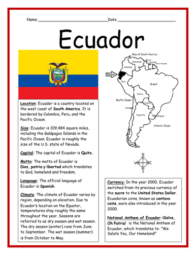 Learn about Ecuador Fact Sheet and Cloze Activity Printable Worksheet