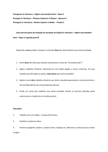 Practice of Paper 2 IB Portuguese A HL/SL