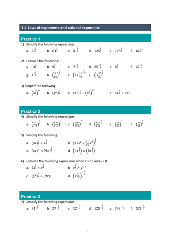 Laws of exponents and rational exponents - worksheet