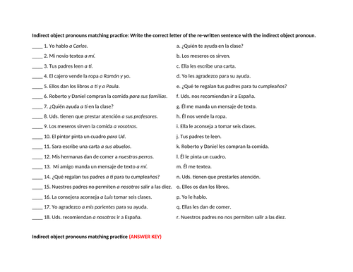 Indirect object pronouns matching practice Spanish