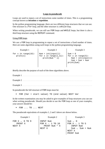 Iteration (FOR, WHILE & REPEAT loops) in pseudocode (iGCSE Computer Science)