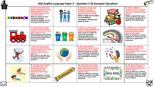 AQA English Language Paper 2 Question 5 - 36 Exemplar Questions