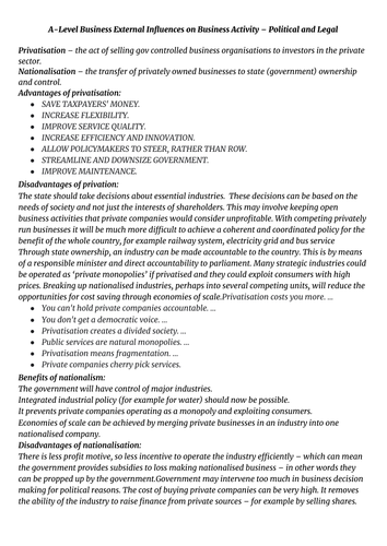 A-Level Business External Influences on Business Activity – Political and Legal