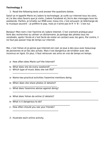 Year 9 Technology 2 - Worksheet  - French