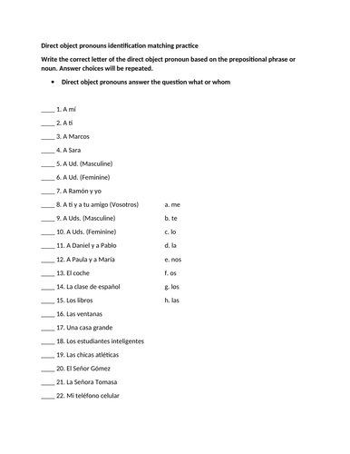 Direct object pronouns identification matching practice