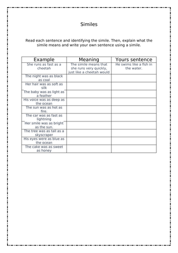 Similes work sheet