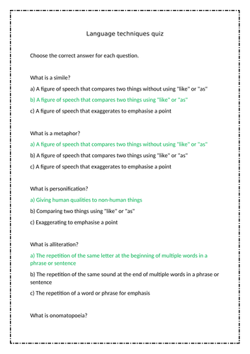Language Techniques Quiz (Figurative Devices, Sound Methods, and Structural Terminology
