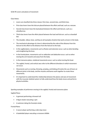 GCSE PE levers and planes of movement