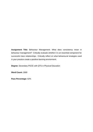 PGCE Behaviour Management Essay 62% Pass