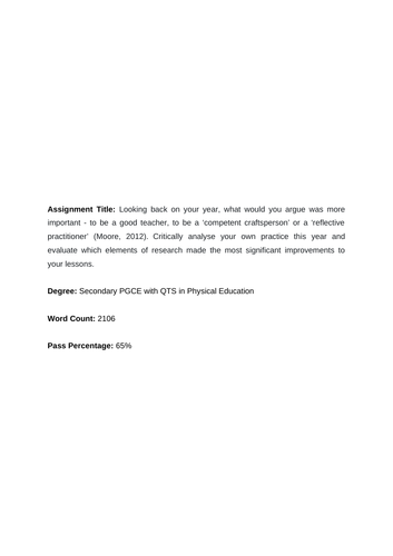 PGCE Reflective Practice Essay 65% Pass