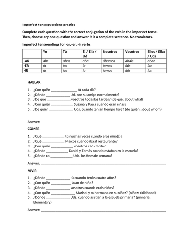 Imperfect tense questions practice