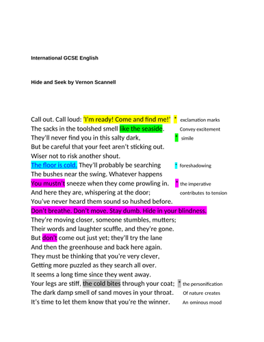 International GCSE poem  HIDE AND SEEK -revision notes/ lesson plan