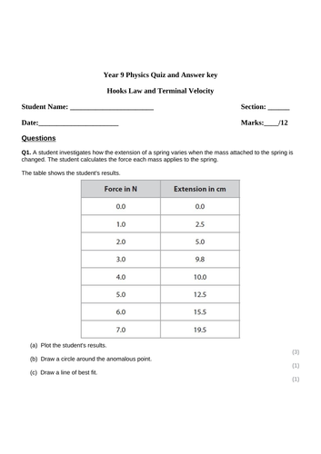 Year 9 Physics Quiz and Answer key Hooks Law and Terminal Velocity