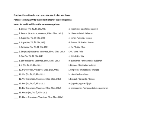 Preterit irregular and car gar zar verbs practice