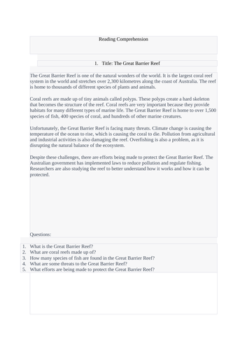 READING COMPREHENSION WORKSHEET WITH ANSWERS