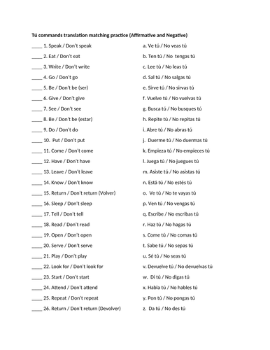 Tú commands translation matching practice (Affirmative and Negative)