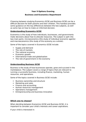 Options Evening Handout: Choosing between studying economics GCSE and Business GCSE