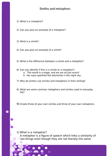 Similes and Metaphors Student Worksheet Pack (Definitions, Differences, Identification