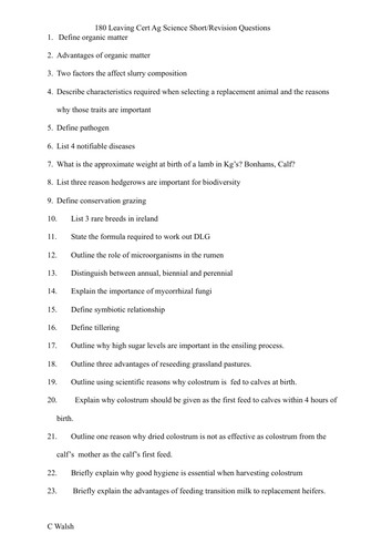 180 SHORT/REVISION QUESTIONS FOR LEAVING CERT AG SCIENCE