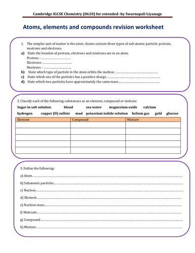 Atoms,elements and compounds revision worksheet