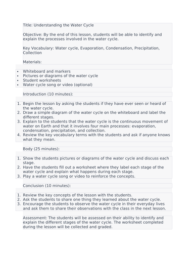 KS2 Water Cycle Lesson Plan