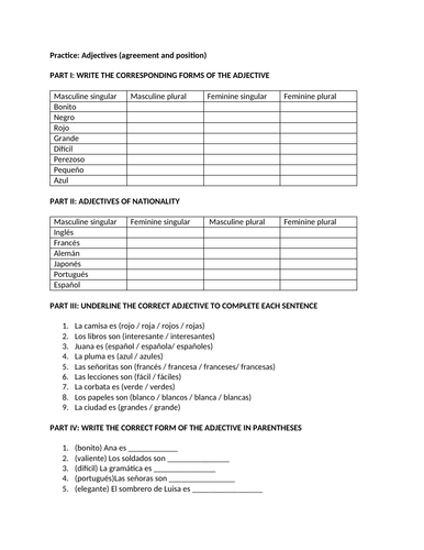Adjectives practice (Agreement and Position)
