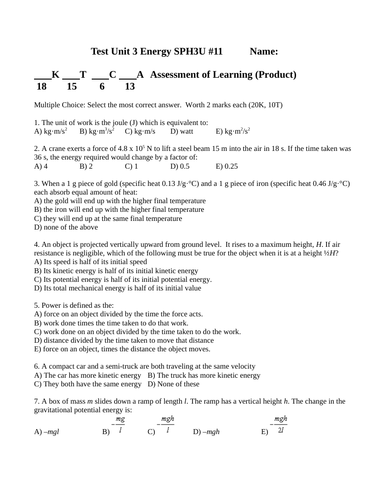 WORK AND ENERGY TEST Grade 11 Physics SPH3U Energy Unit Test WITH ANSWERS #11