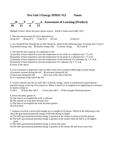 ENERGY AND WORK UNIT TEST Grade 11 Physics SPH3U Energy Test WITH ANSWERS #12