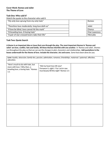 KS4 English Cover Work: Romeo and Juliet Theme of Love