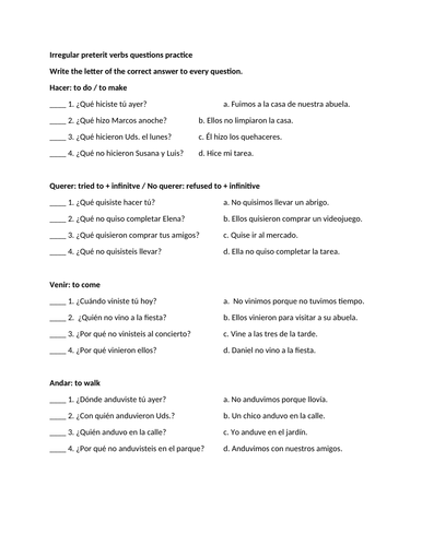 Irregular preterit verbs questions practice