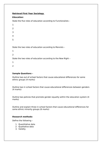 First Year Sociology Retrieval Practice