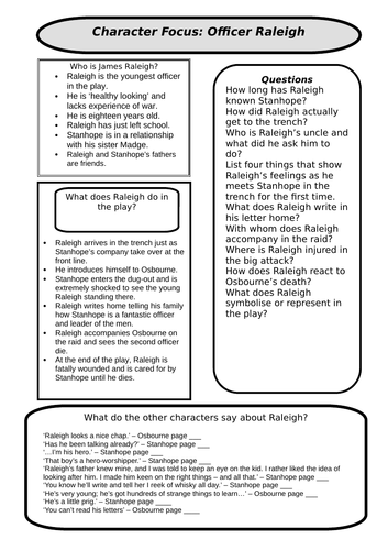 Journey's End - Character Focus Worksheet - Raleigh