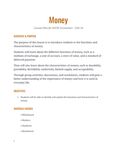 IGCSE Economics - Unit 16 - Money