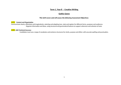 Gothic Creative Writing SoW Y8