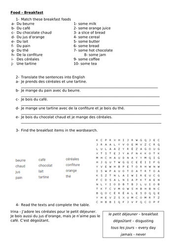 Year 8 - Breakfast food - worksheet - French