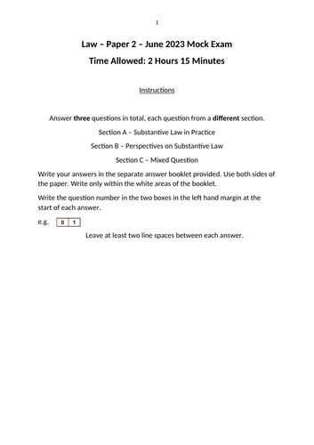 A-Level Law: Eduqas Mock Exam - Tort Law Year 12 Mock (Evaluation & Scenario Questions, Paper 2 & 3)