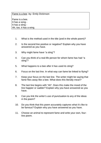 KS2 KS3 Poetry Emily Dickinson "Fame is a Bee" CRR Cover HW Guided reading