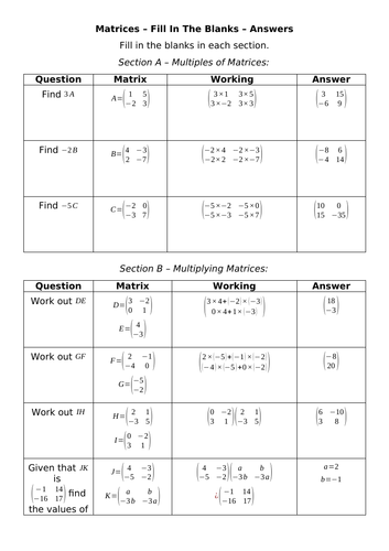 Matrices - Fill In The Blanks