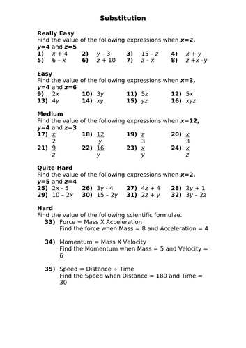 Basic Substitution Worksheet